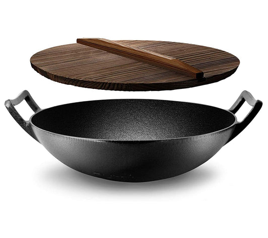 Nutrichef Cast Iron Stir Fry Wok with Wooden Lid