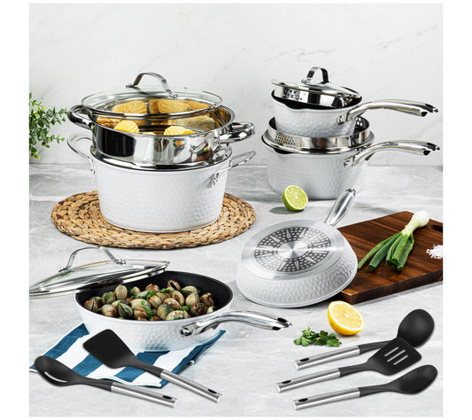 Granitestone Ch arleston Hammer ed White 15 Pie ce Cookware Set Cookware Set